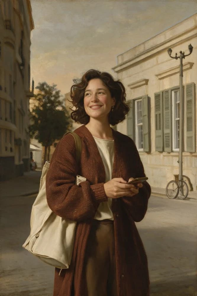 Painting: a woman in the street, late-afternoon light