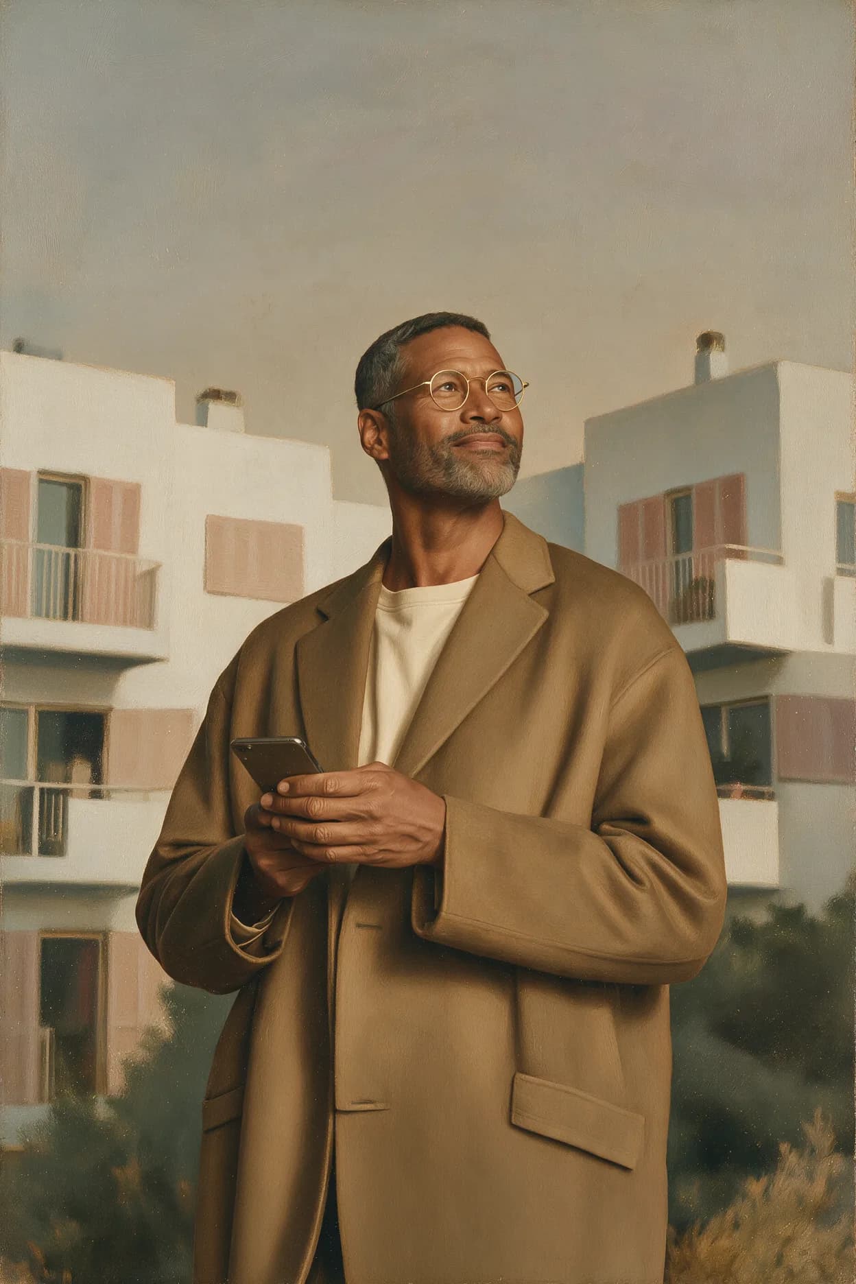 Painting: a man in front of pale buildings